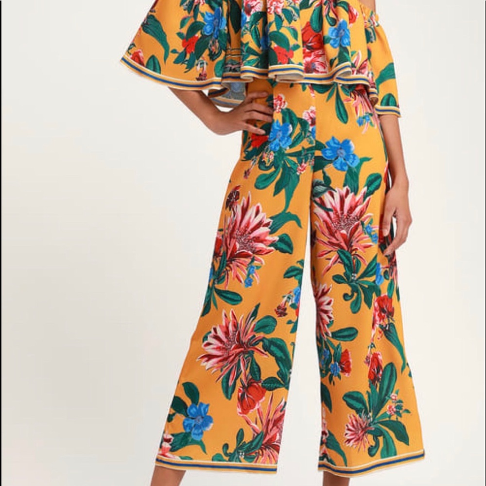 Yellow Floral Print JUMPSUIT Off-the-Shoulder NWT